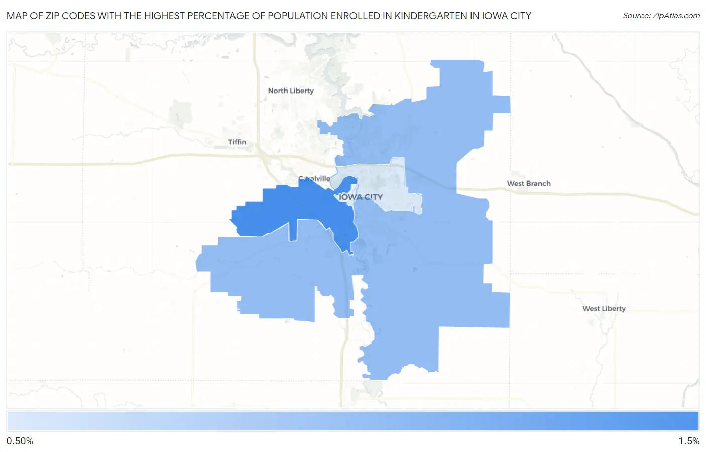 Zip Codes with the Highest Percentage of Population Enrolled in Kindergarten in Iowa City Map