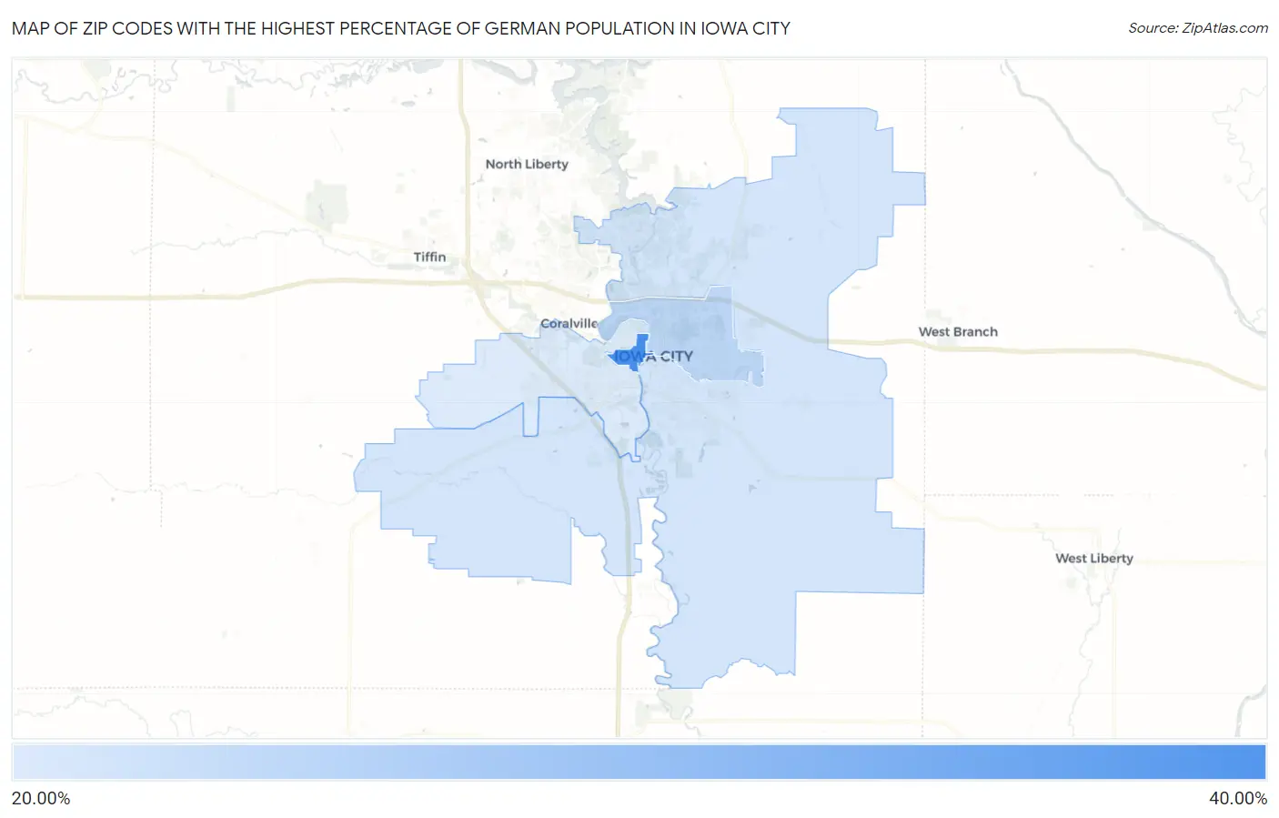 Zip Codes with the Highest Percentage of German Population in Iowa City Map