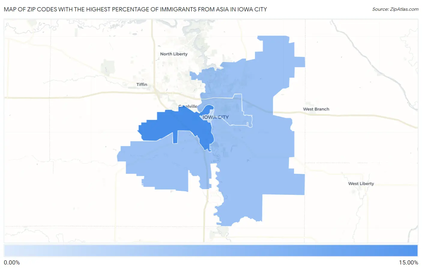 Zip Codes with the Highest Percentage of Immigrants from Asia in Iowa City Map