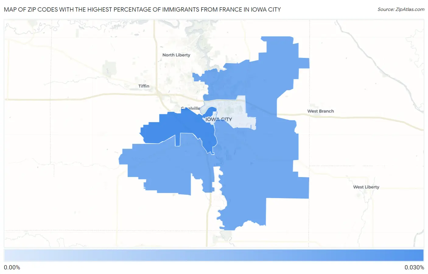 Zip Codes with the Highest Percentage of Immigrants from France in Iowa City Map