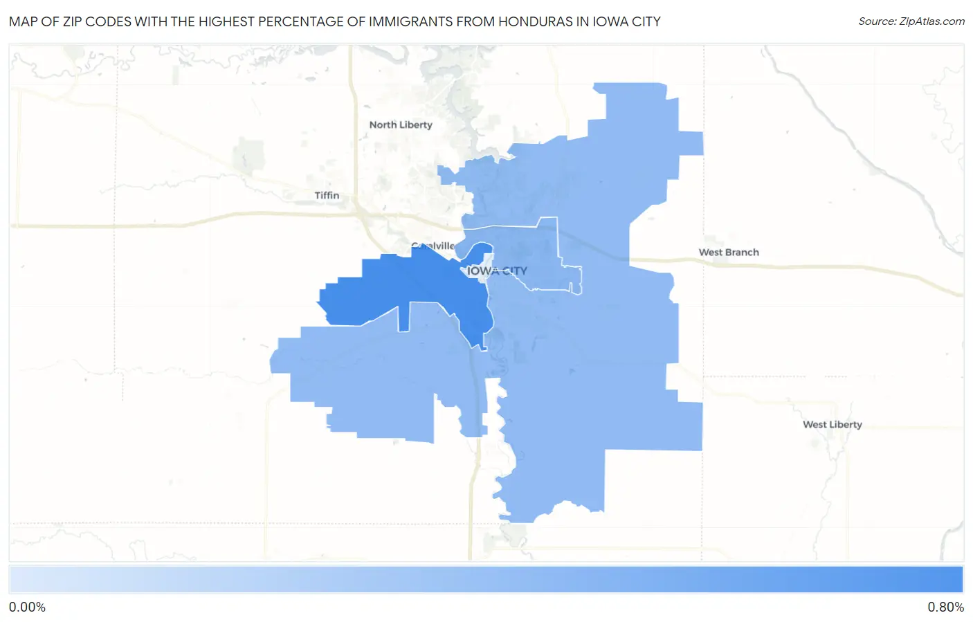 Zip Codes with the Highest Percentage of Immigrants from Honduras in Iowa City Map