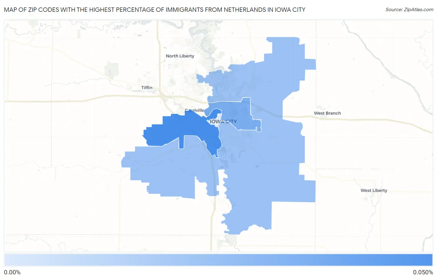 Zip Codes with the Highest Percentage of Immigrants from Netherlands in Iowa City Map