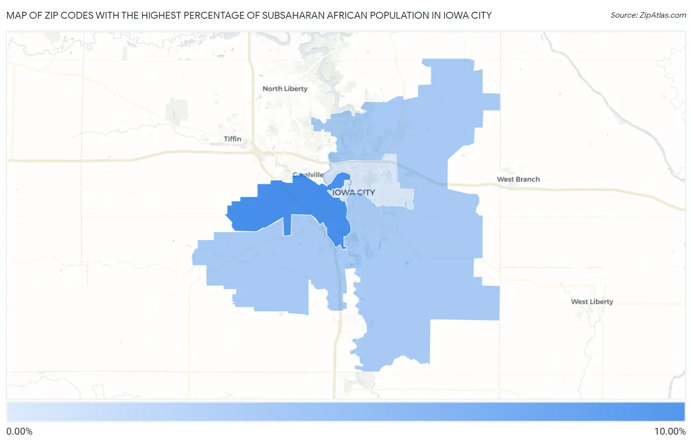 Zip Codes with the Highest Percentage of Subsaharan African Population in Iowa City Map