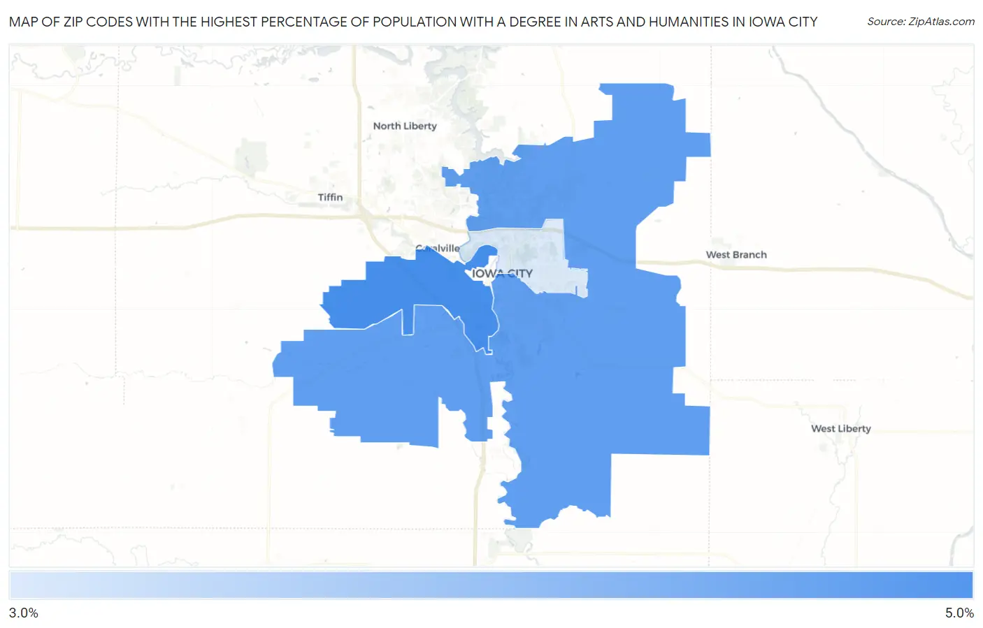 Zip Codes with the Highest Percentage of Population with a Degree in Arts and Humanities in Iowa City Map