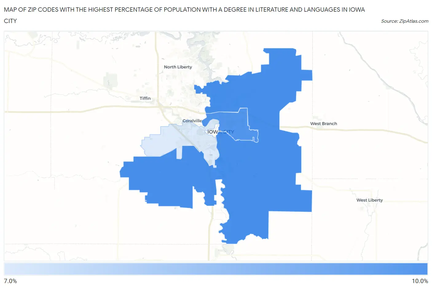 Zip Codes with the Highest Percentage of Population with a Degree in Literature and Languages in Iowa City Map