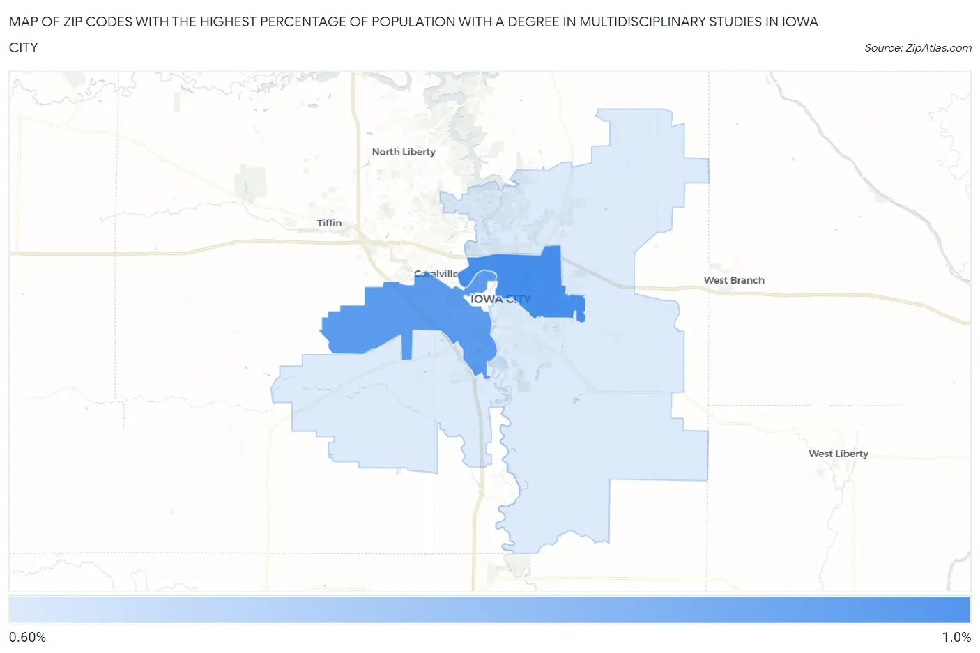 Zip Codes with the Highest Percentage of Population with a Degree in Multidisciplinary Studies in Iowa City Map