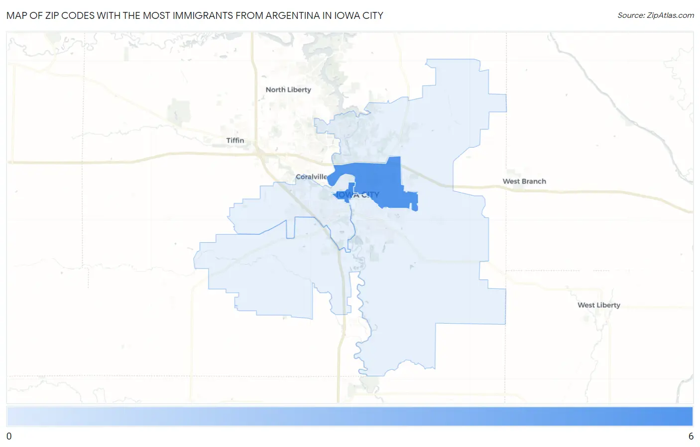 Zip Codes with the Most Immigrants from Argentina in Iowa City Map