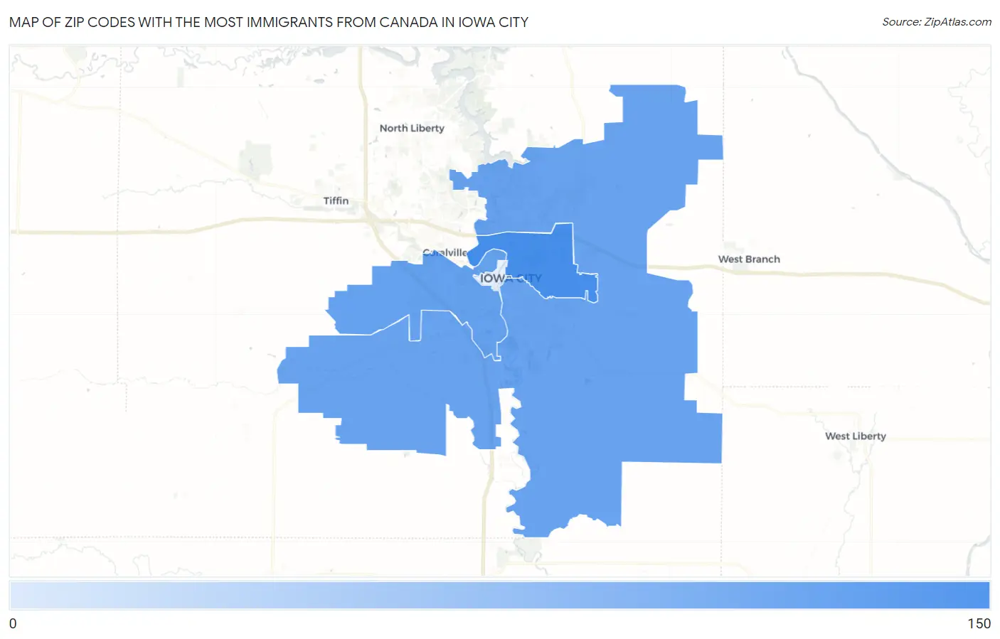 Zip Codes with the Most Immigrants from Canada in Iowa City Map