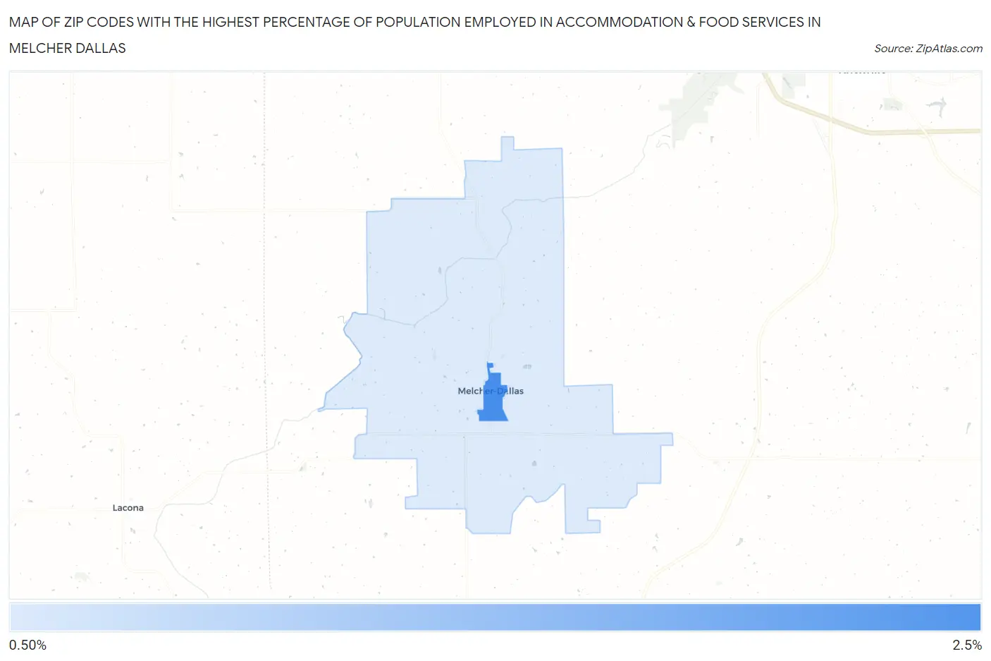 Zip Codes with the Highest Percentage of Population Employed in Accommodation & Food Services in Melcher Dallas Map