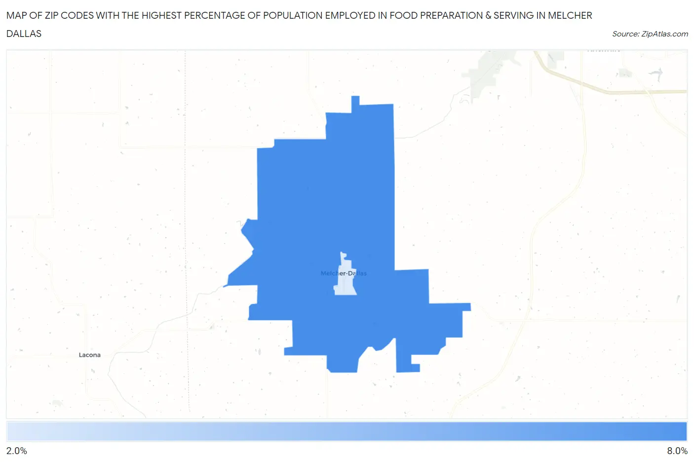 Zip Codes with the Highest Percentage of Population Employed in Food Preparation & Serving in Melcher Dallas Map