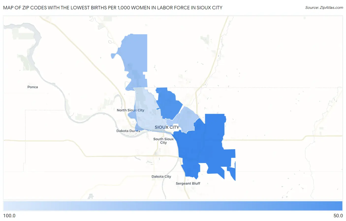 Zip Codes with the Lowest Births per 1,000 Women in Labor Force in Sioux City Map