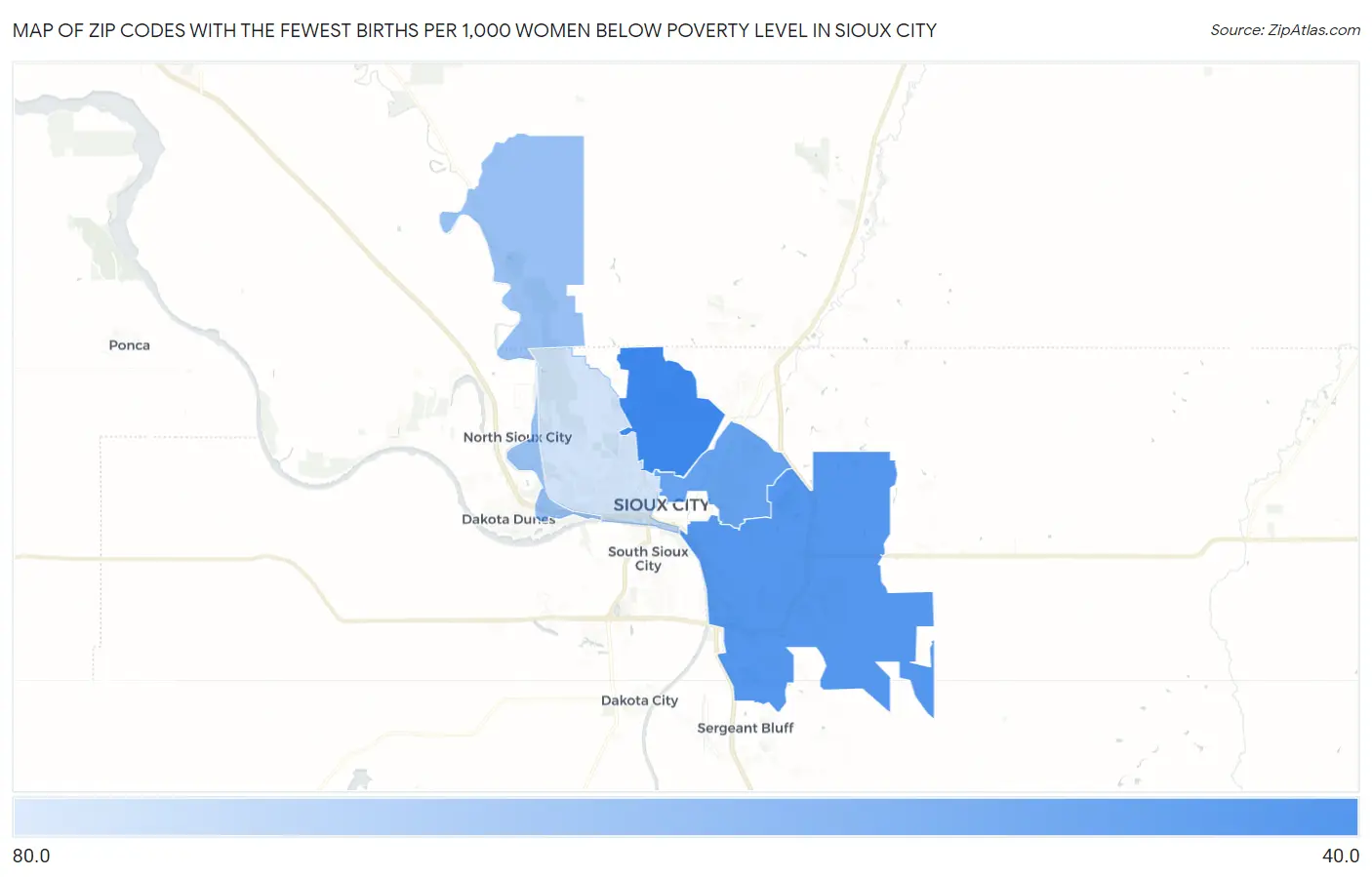 Zip Codes with the Fewest Births per 1,000 Women Below Poverty Level in Sioux City Map