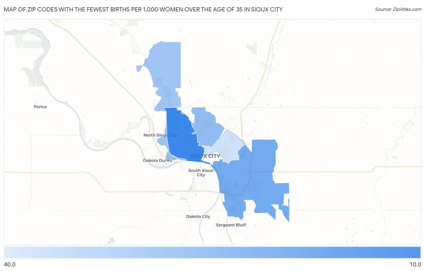Zip Codes with the Fewest Births per 1,000 Women Over the Age of 35 in Sioux City Map