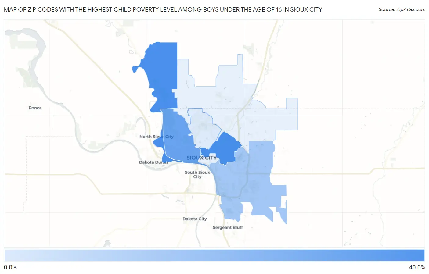 Zip Codes with the Highest Child Poverty Level Among Boys Under the Age of 16 in Sioux City Map