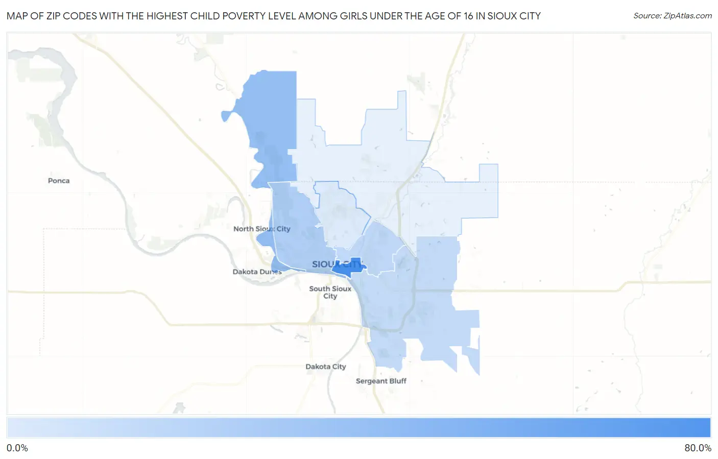 Zip Codes with the Highest Child Poverty Level Among Girls Under the Age of 16 in Sioux City Map