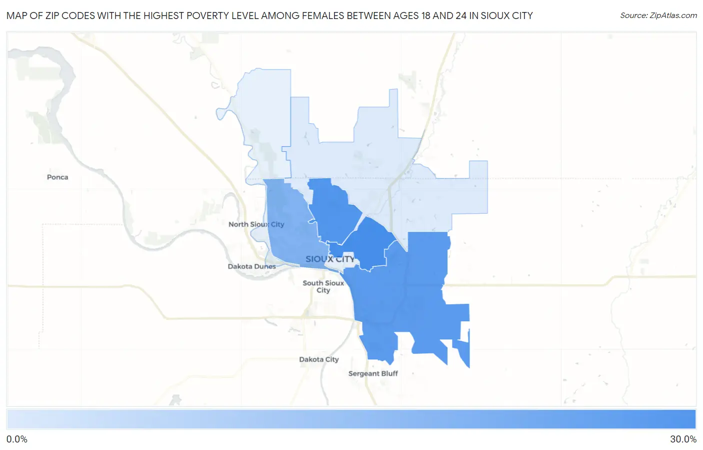 Zip Codes with the Highest Poverty Level Among Females Between Ages 18 and 24 in Sioux City Map