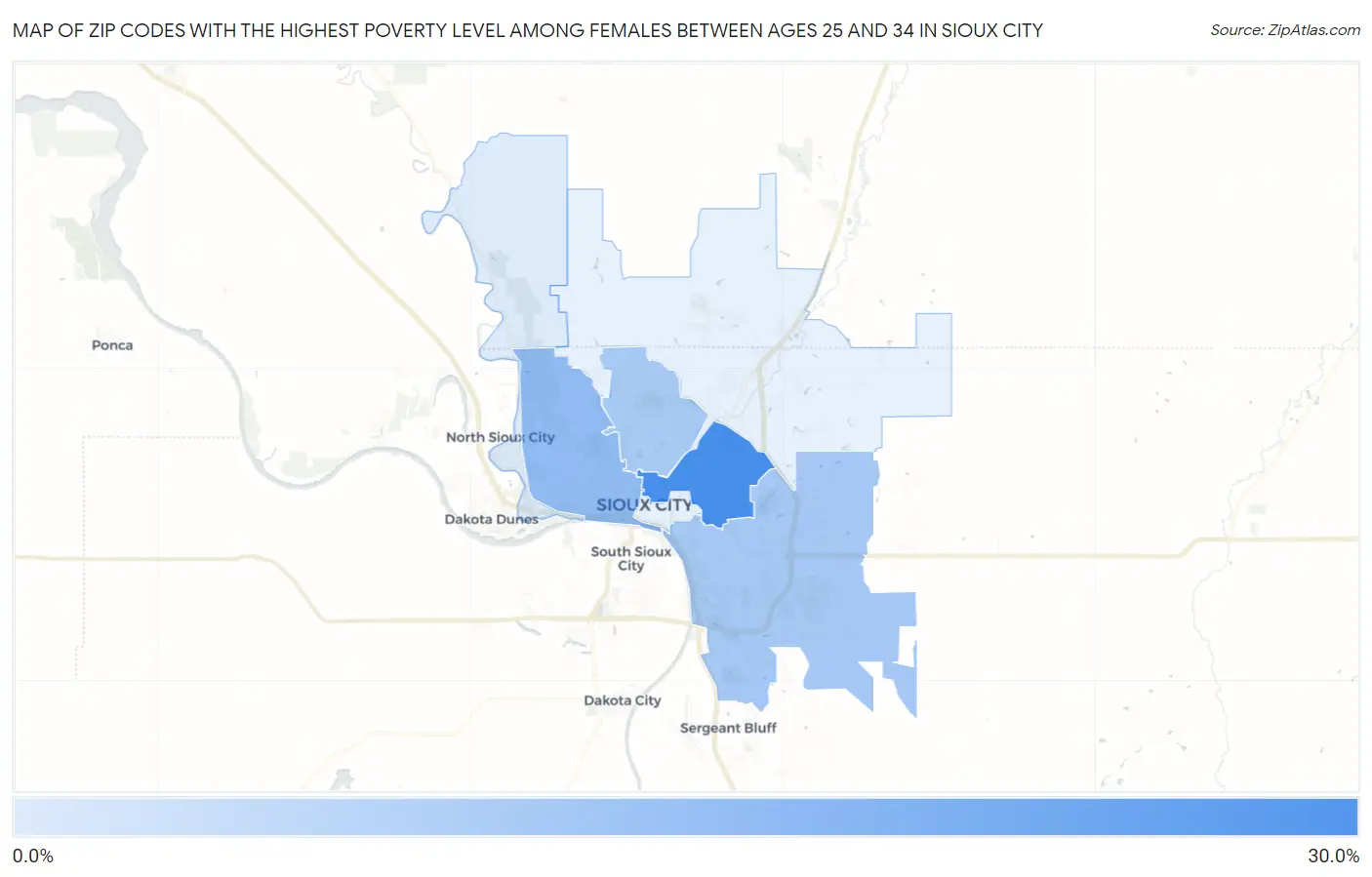 Zip Codes with the Highest Poverty Level Among Females Between Ages 25 and 34 in Sioux City Map
