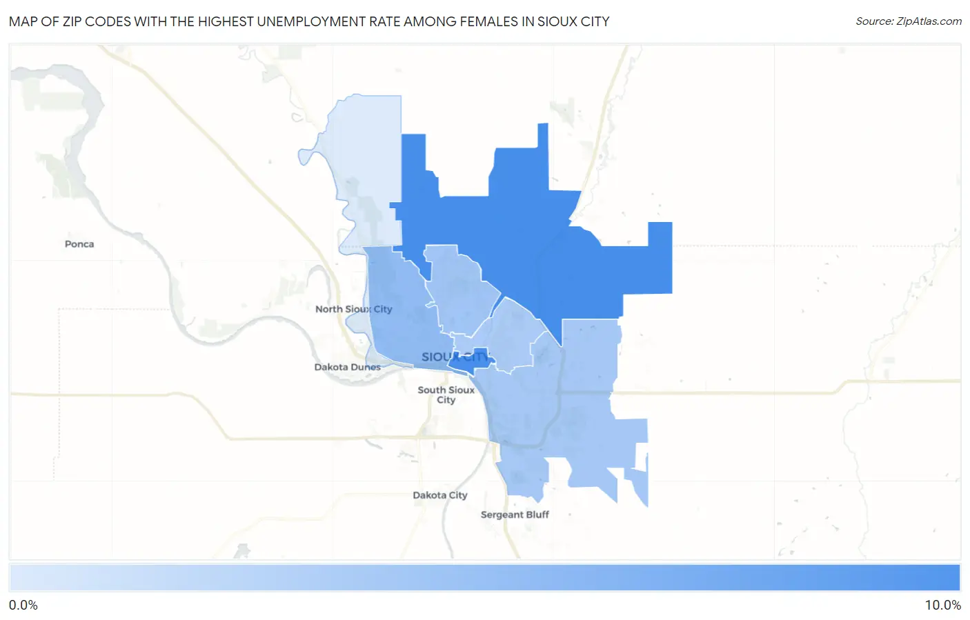 Zip Codes with the Highest Unemployment Rate Among Females in Sioux City Map