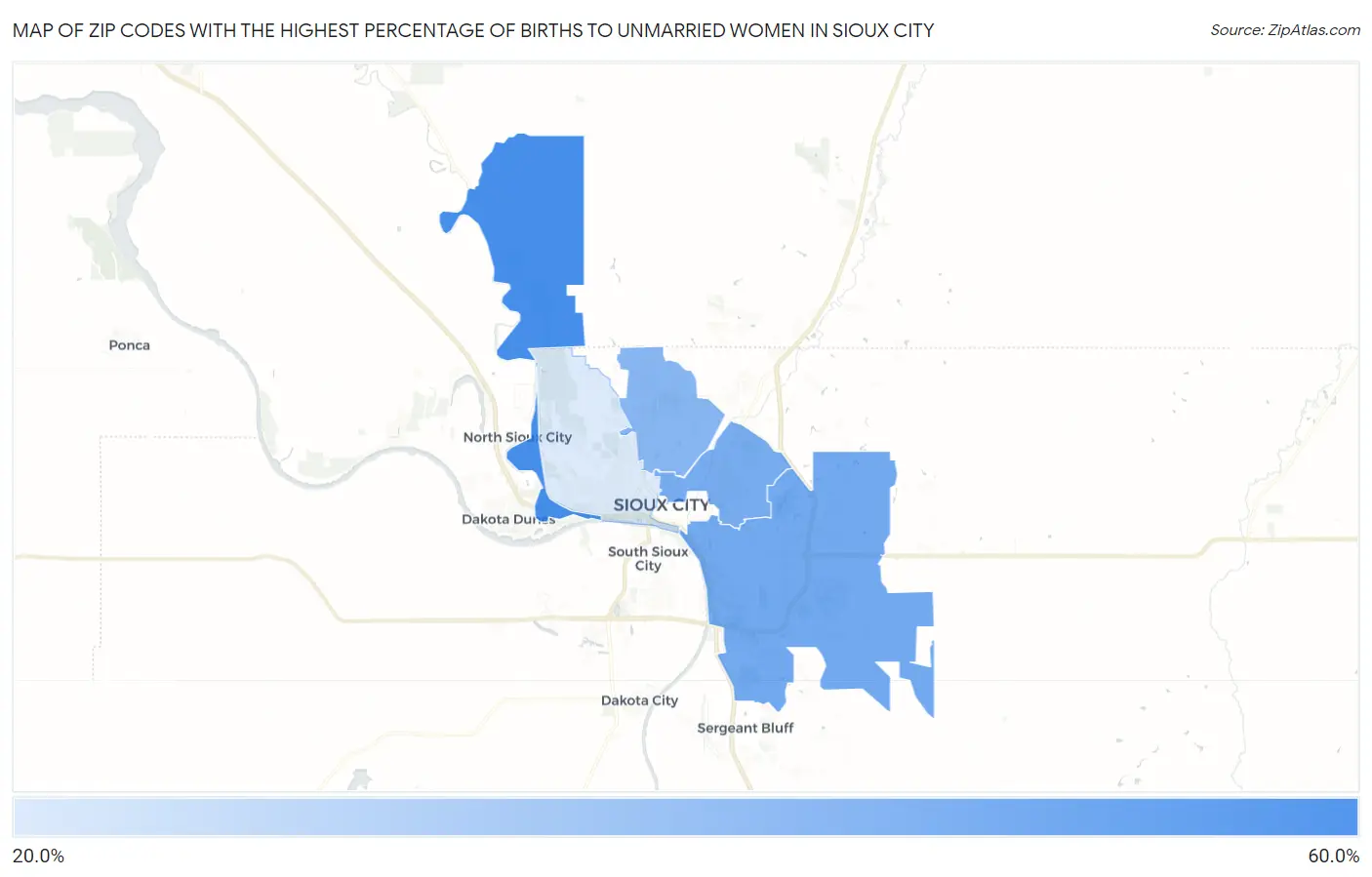 Zip Codes with the Highest Percentage of Births to Unmarried Women in Sioux City Map