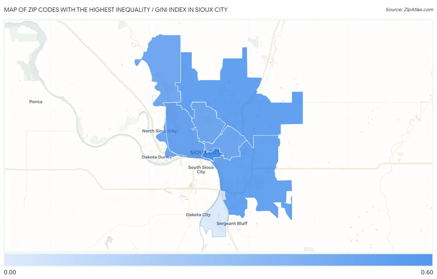 Zip Codes with the Highest Inequality / Gini Index in Sioux City Map