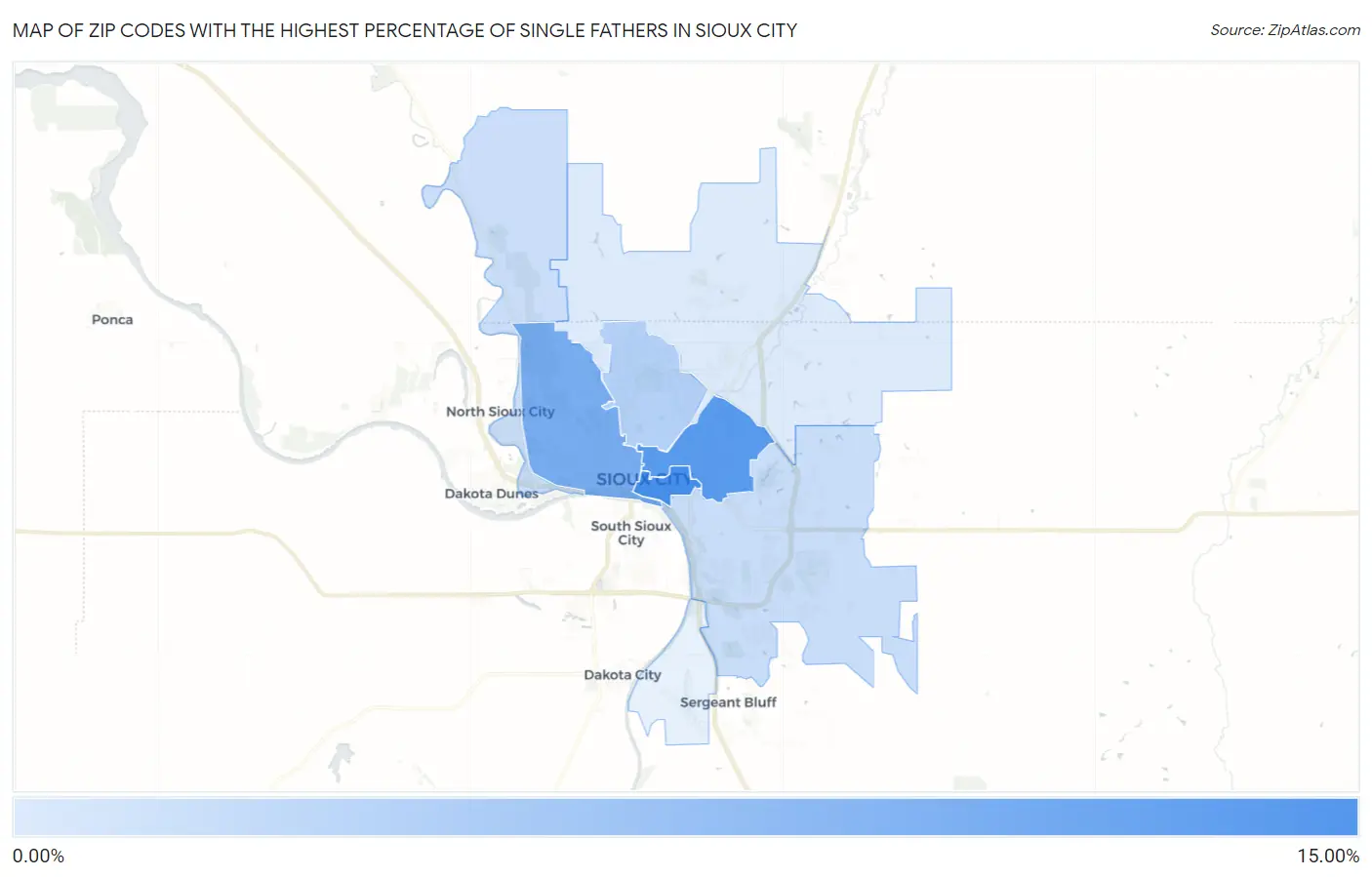 Zip Codes with the Highest Percentage of Single Fathers in Sioux City Map