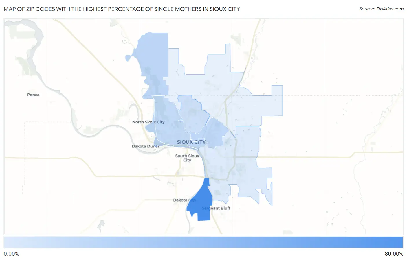 Zip Codes with the Highest Percentage of Single Mothers in Sioux City Map