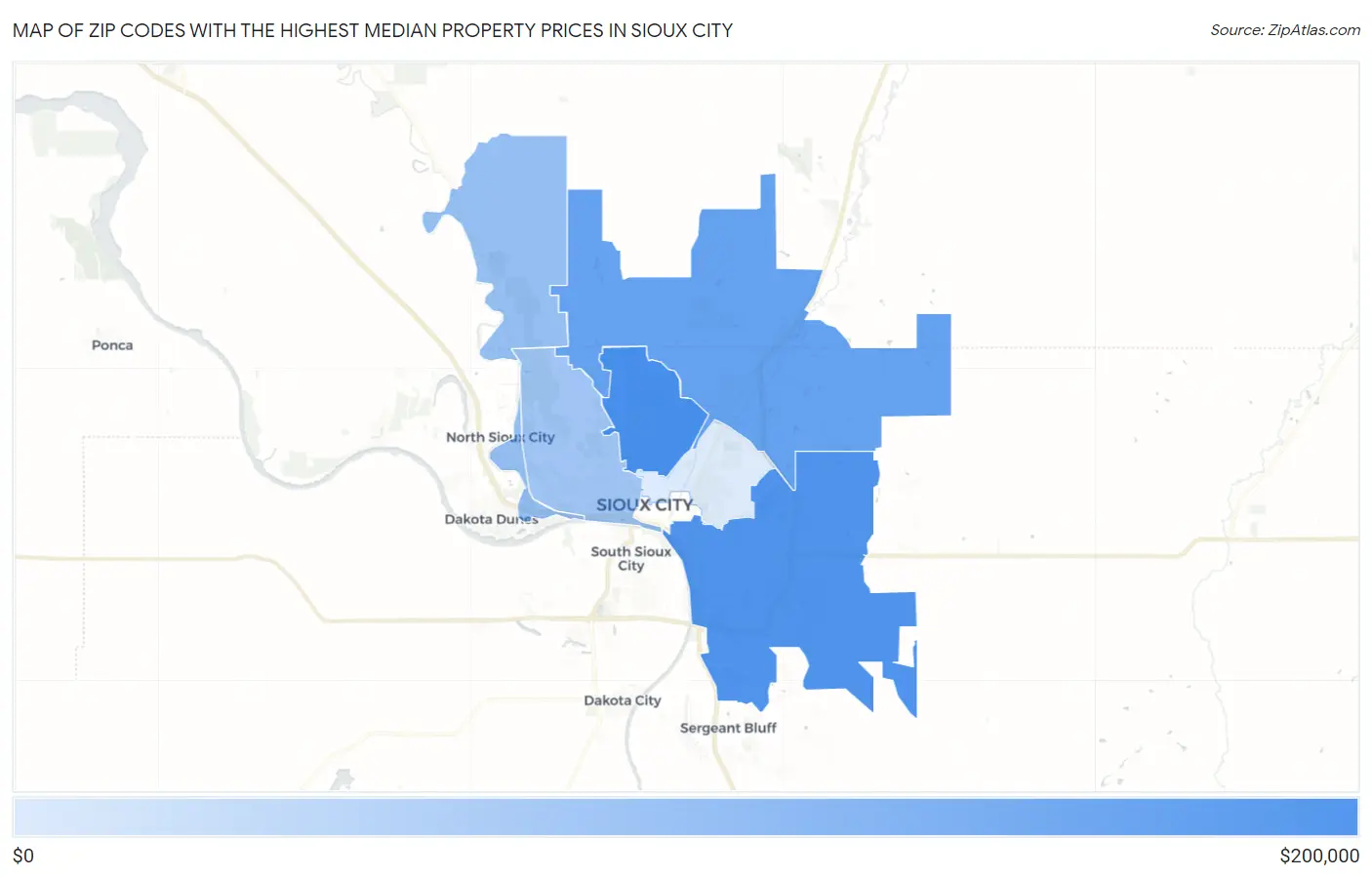 Zip Codes with the Highest Median Property Prices in Sioux City Map