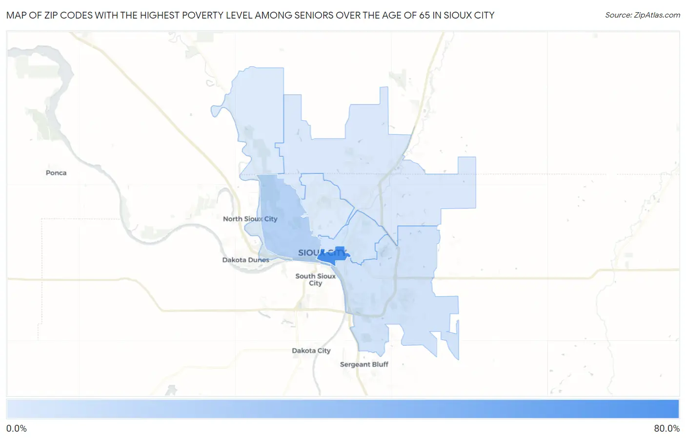 Zip Codes with the Highest Poverty Level Among Seniors Over the Age of 65 in Sioux City Map