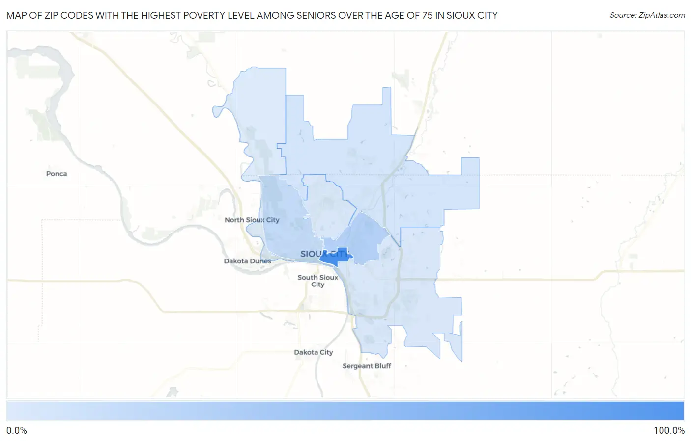 Zip Codes with the Highest Poverty Level Among Seniors Over the Age of 75 in Sioux City Map