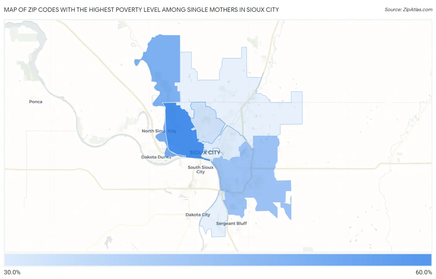 Zip Codes with the Highest Poverty Level Among Single Mothers in Sioux City Map
