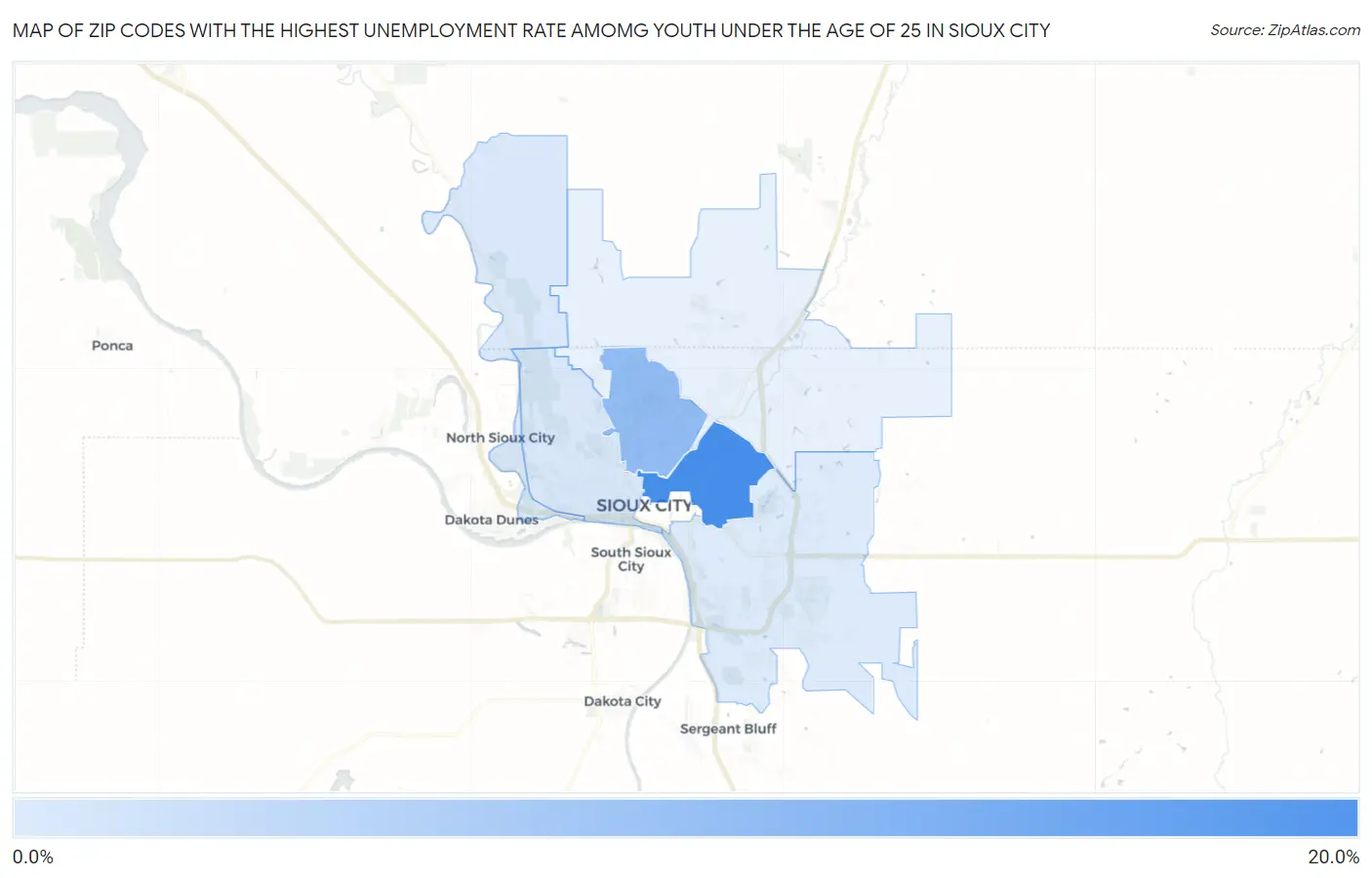 Zip Codes with the Highest Unemployment Rate Amomg Youth Under the Age of 25 in Sioux City Map
