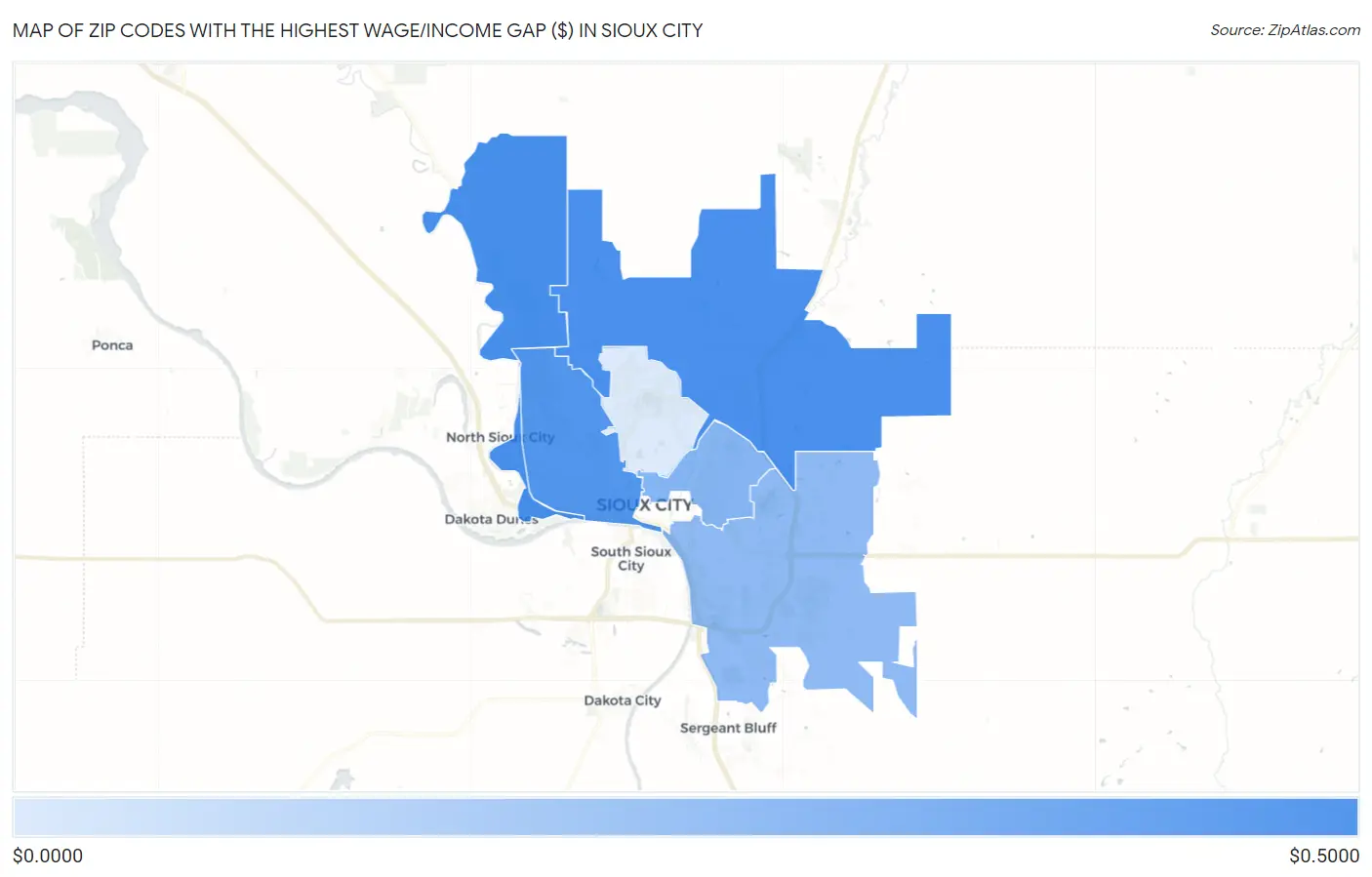 Zip Codes with the Highest Wage/Income Gap ($) in Sioux City Map