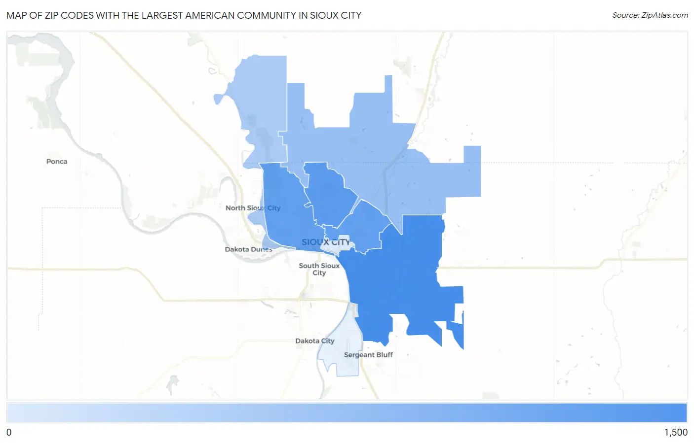 Zip Codes with the Largest American Community in Sioux City Map