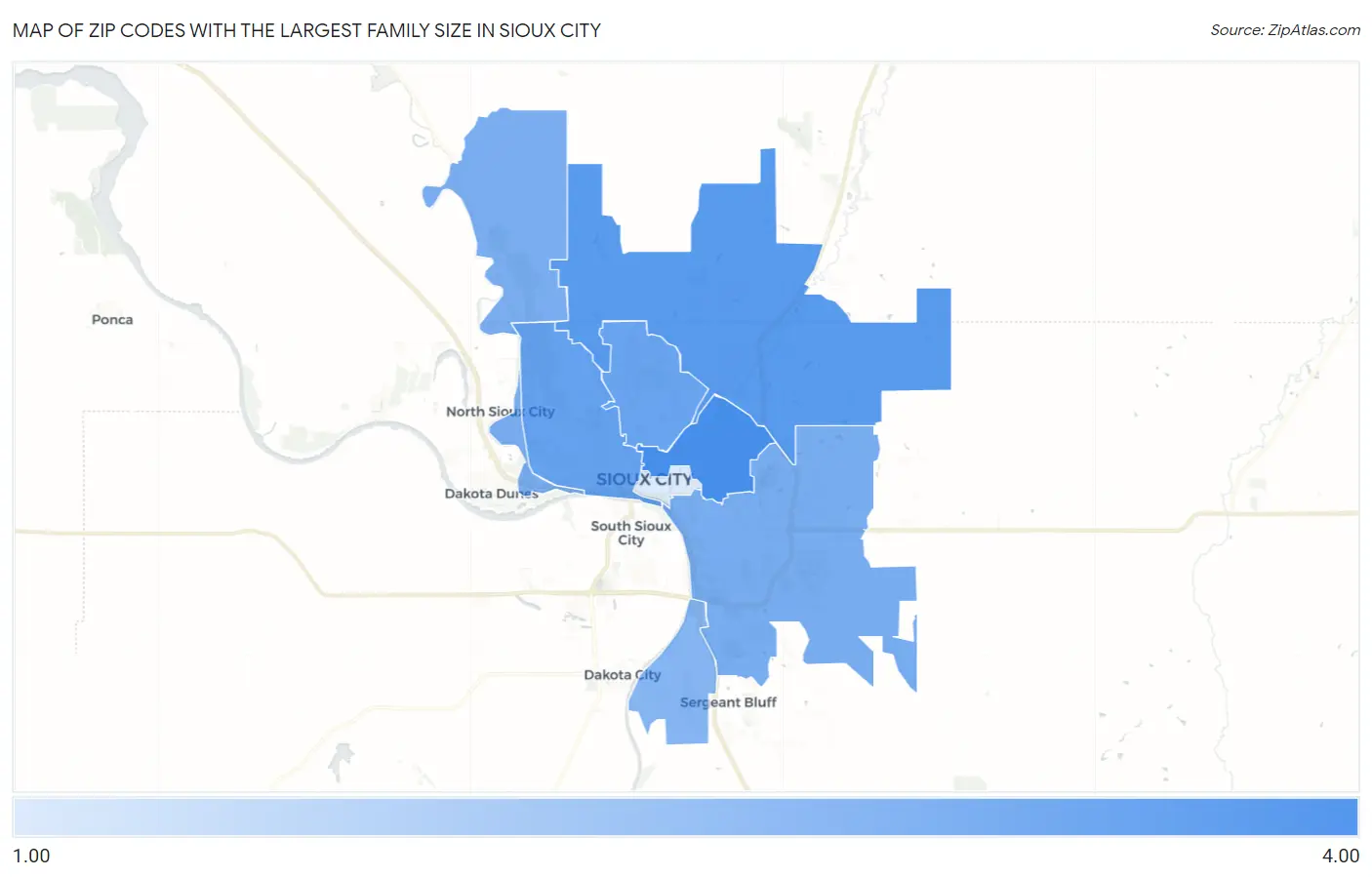 Zip Codes with the Largest Family Size in Sioux City Map