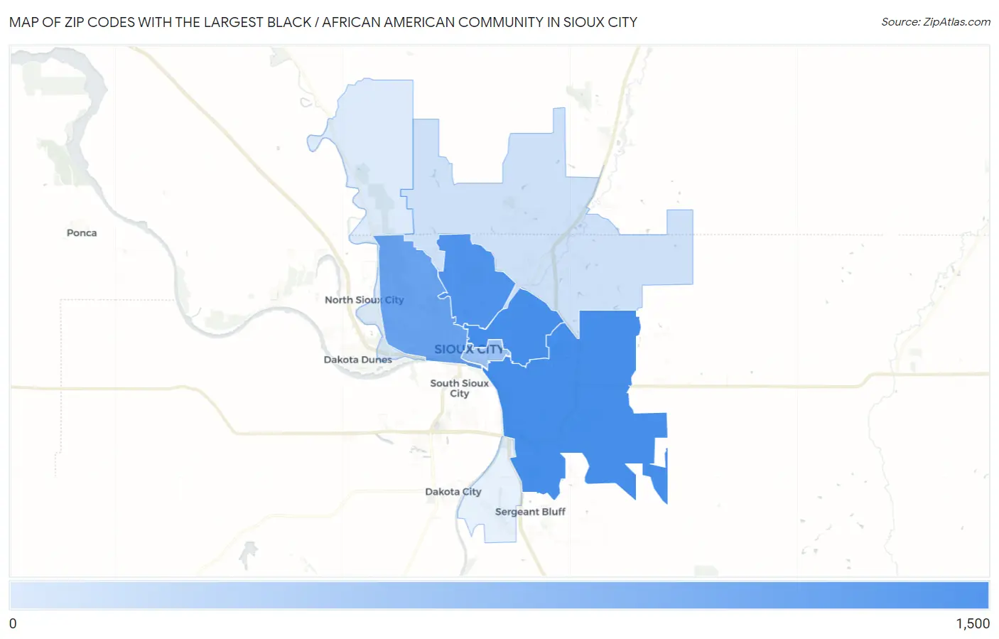 Zip Codes with the Largest Black / African American Community in Sioux City Map