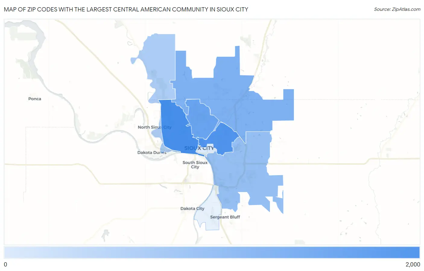 Zip Codes with the Largest Central American Community in Sioux City Map