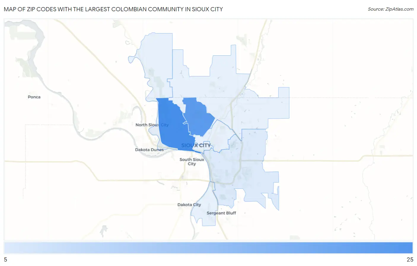 Zip Codes with the Largest Colombian Community in Sioux City Map
