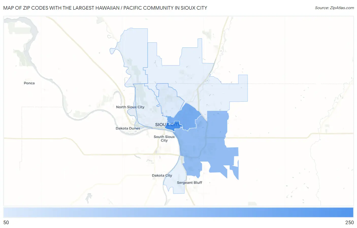 Zip Codes with the Largest Hawaiian / Pacific Community in Sioux City Map