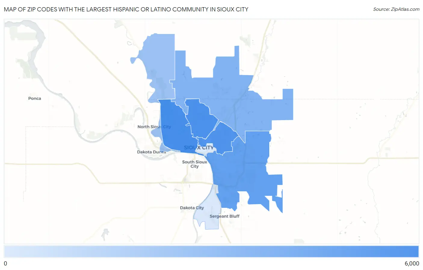 Zip Codes with the Largest Hispanic or Latino Community in Sioux City Map