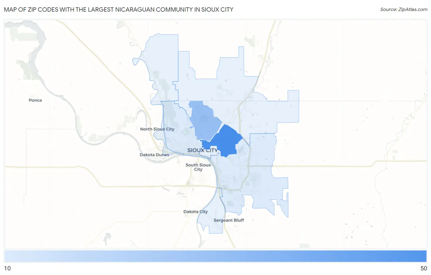 Zip Codes with the Largest Nicaraguan Community in Sioux City Map