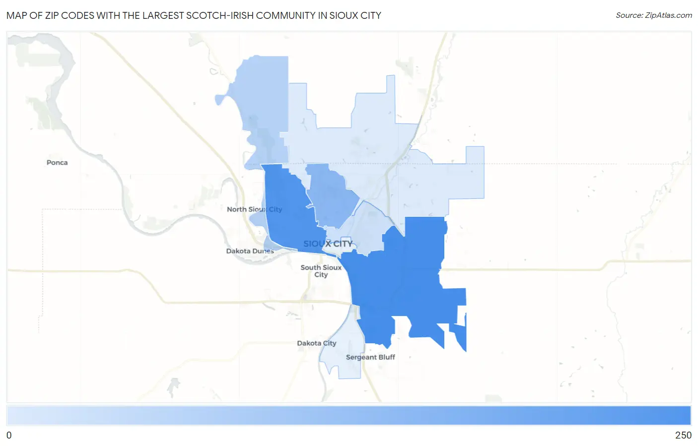 Zip Codes with the Largest Scotch-Irish Community in Sioux City Map