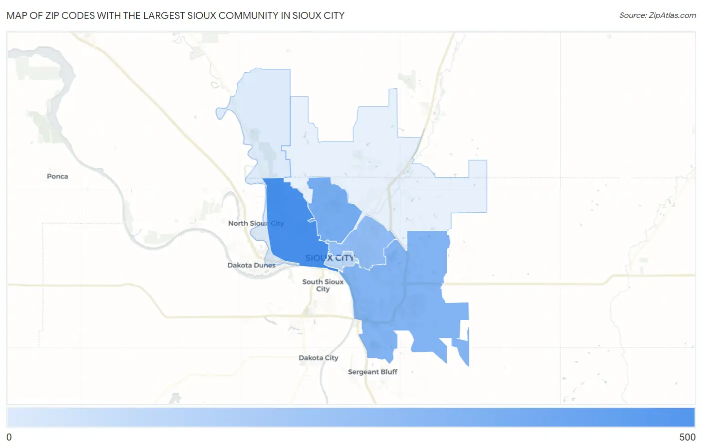Zip Codes with the Largest Sioux Community in Sioux City Map