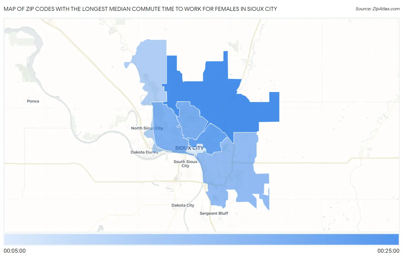 Zip Codes with the Longest Median Commute Time to Work for Females in Sioux City Map