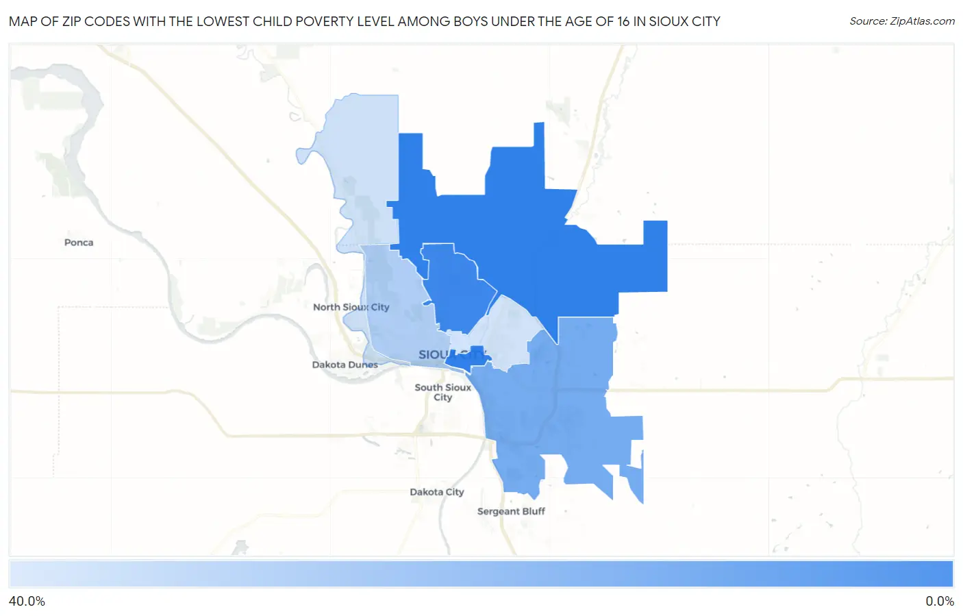 Zip Codes with the Lowest Child Poverty Level Among Boys Under the Age of 16 in Sioux City Map