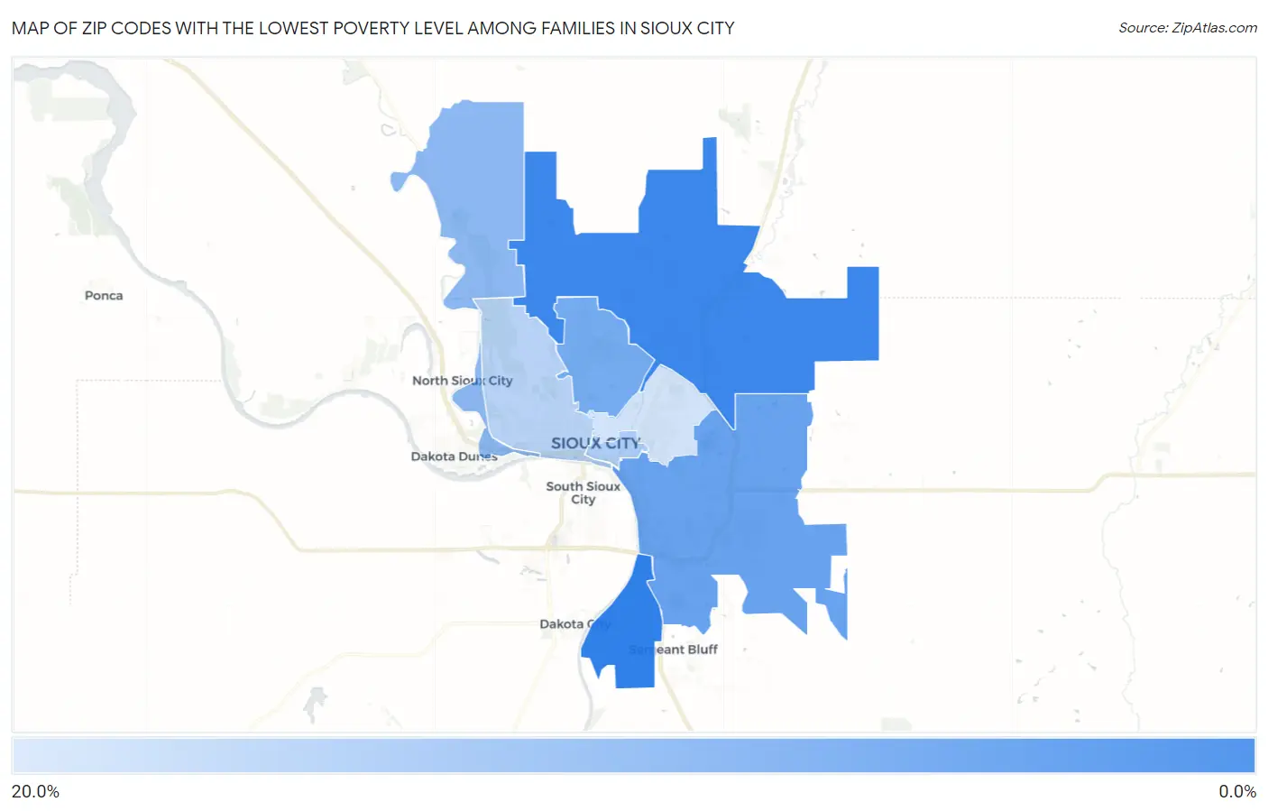 Zip Codes with the Lowest Poverty Level Among Families in Sioux City Map