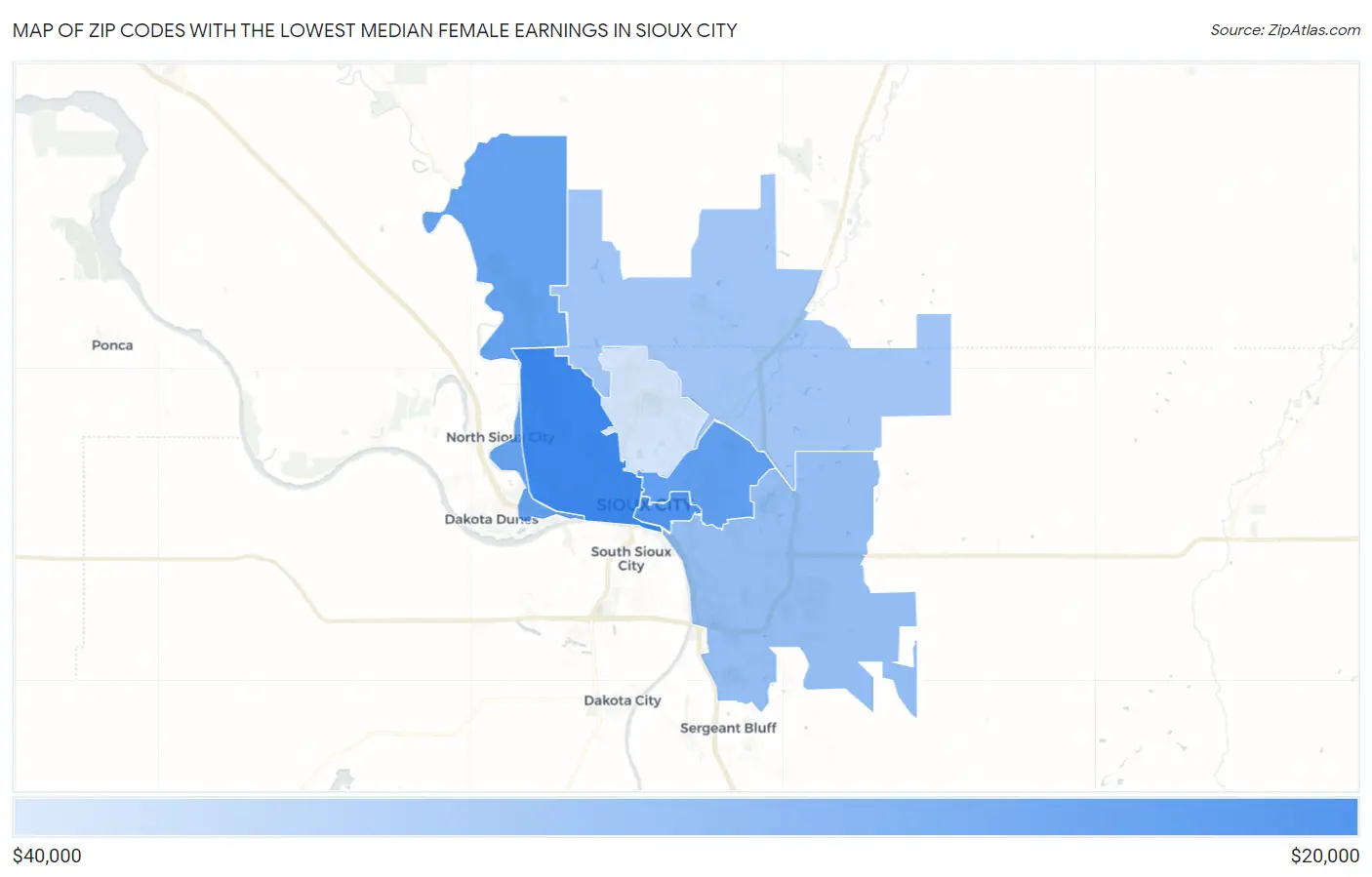 Zip Codes with the Lowest Median Female Earnings in Sioux City Map