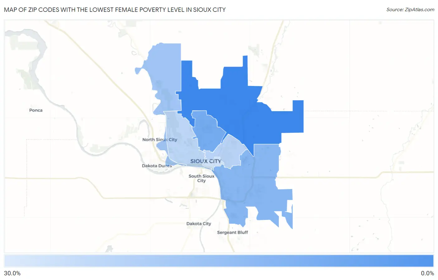 Zip Codes with the Lowest Female Poverty Level in Sioux City Map