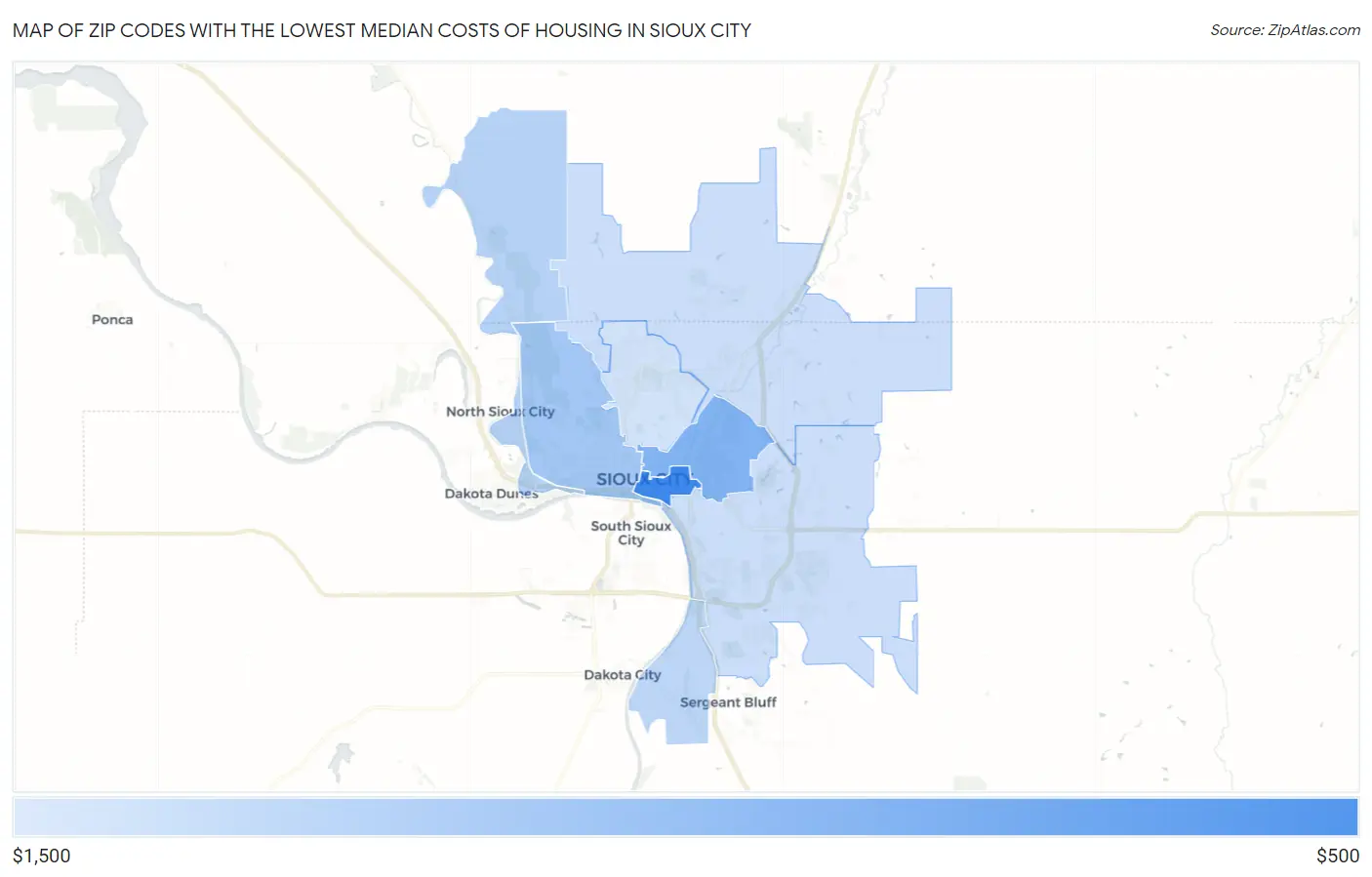 Zip Codes with the Lowest Median Costs of Housing in Sioux City Map
