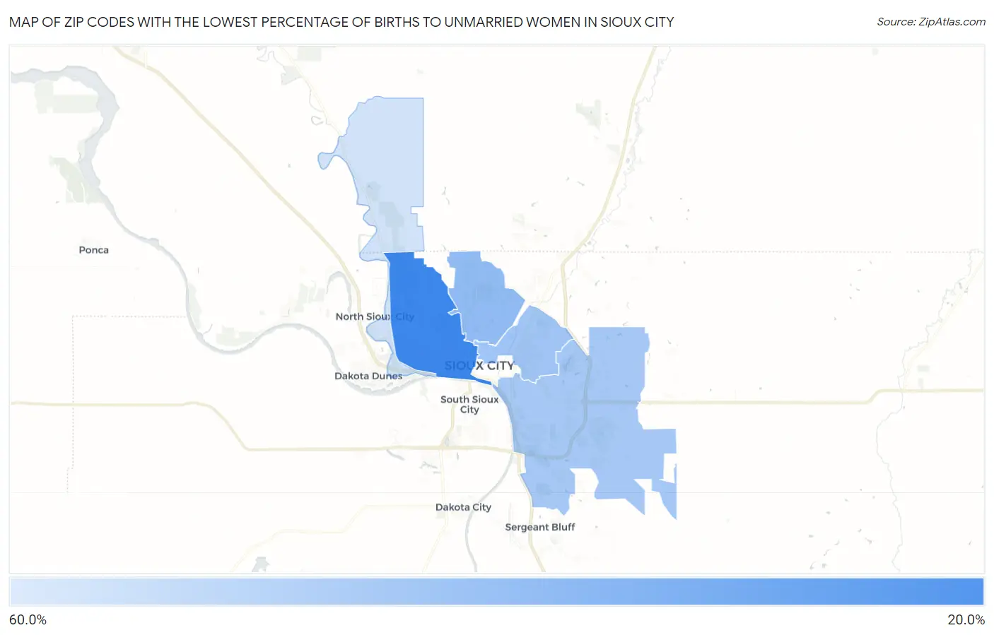 Zip Codes with the Lowest Percentage of Births to Unmarried Women in Sioux City Map