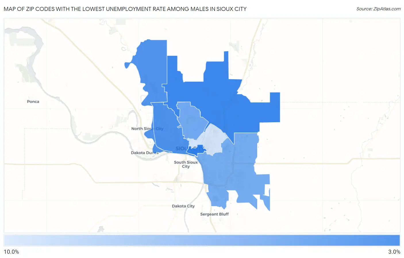Zip Codes with the Lowest Unemployment Rate Among Males in Sioux City Map